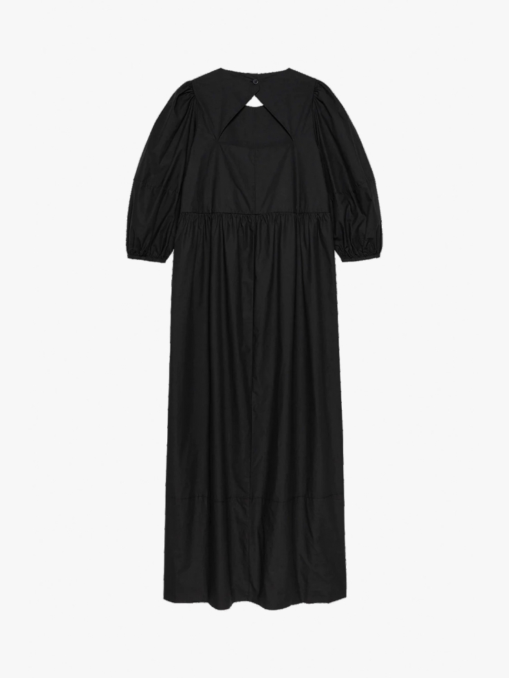 CAES Cotton Midi Dress With Puff Sleeve & Open Back Black