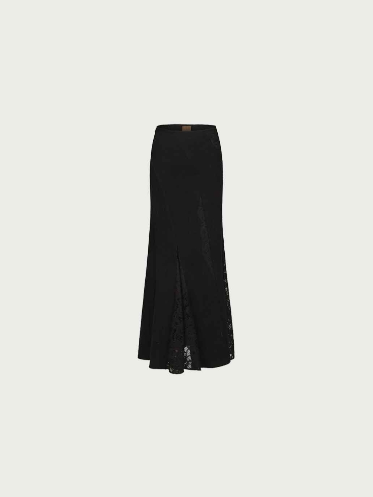 Black Lace-Panel Maxi Skirt