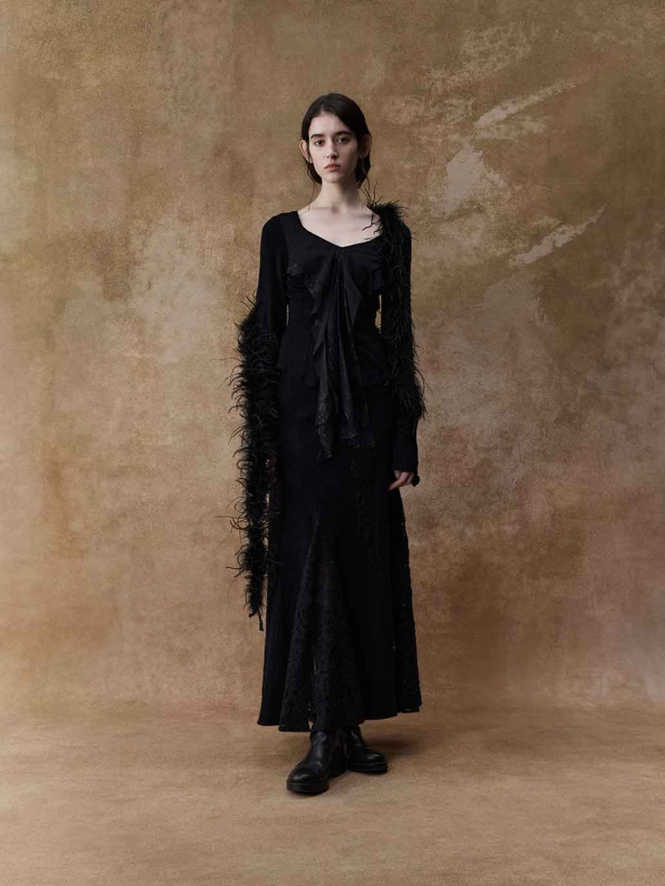 Black Lace-Panel Maxi Skirt