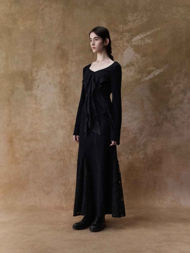Black Lace-Panel Maxi Skirt