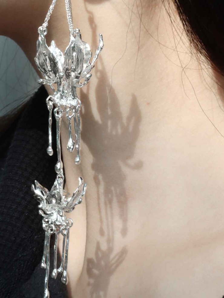 Silver Lotus Rain Hook Earring-Single
