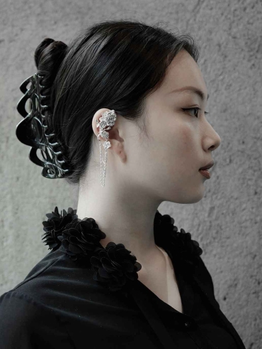 Silver Rose in the Rain Ear Hook-Single