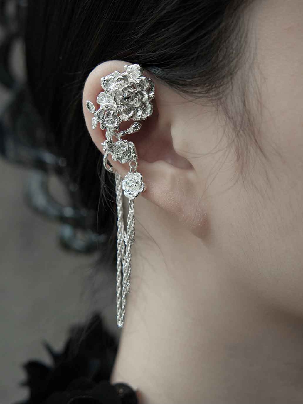 Silver Rose in the Rain Ear Hook-Single