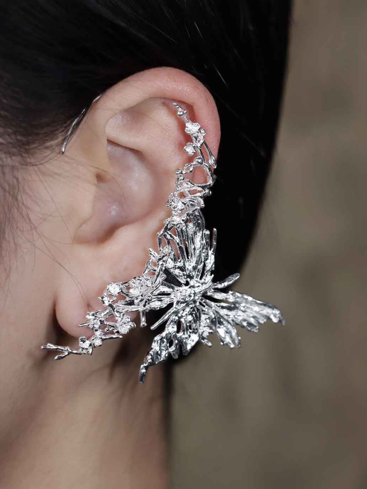 Silver Blossom Branch Butterfly Drop Earring-Single