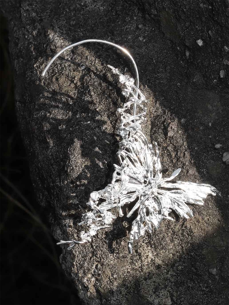 Silver Blossom Branch Butterfly Drop Earring-Single