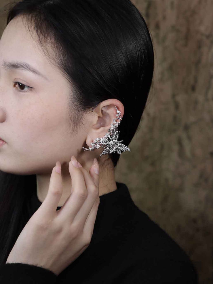 Silver Blossom Branch Butterfly Drop Earring-Single