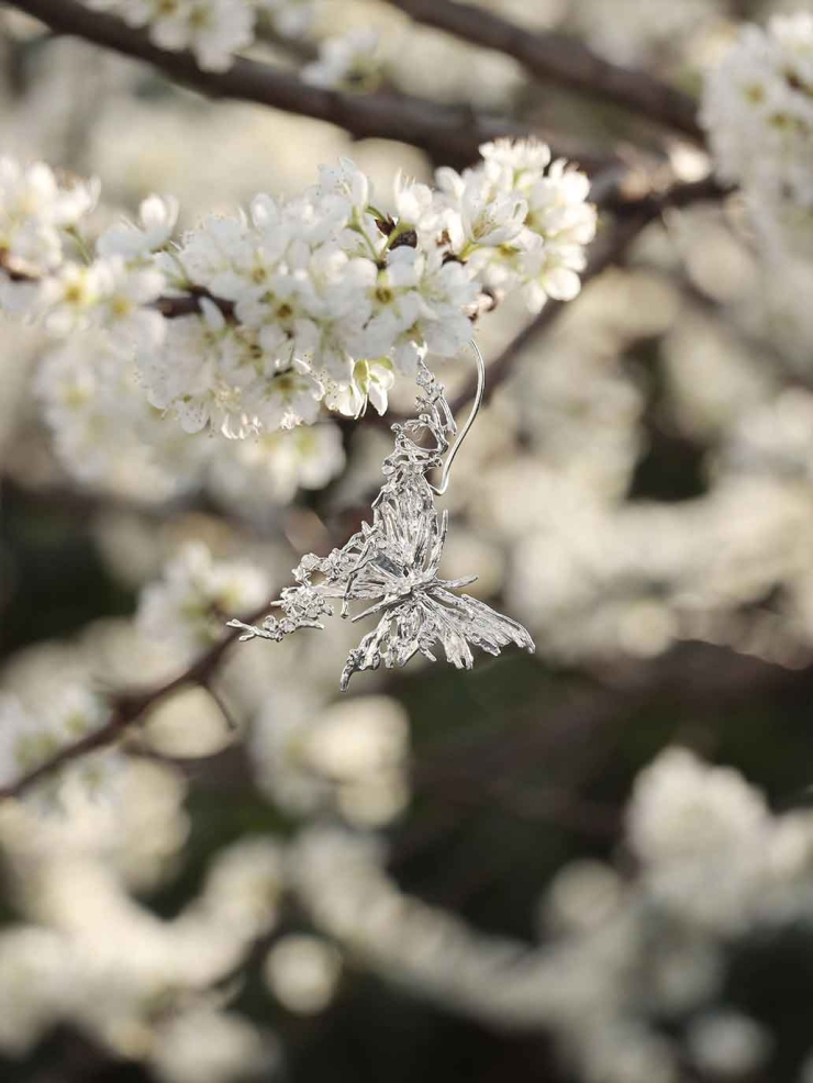 Silver Blossom Branch Butterfly Drop Earring-Single