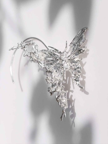 Silver Blossom Branch Butterfly Drop Earring-Single