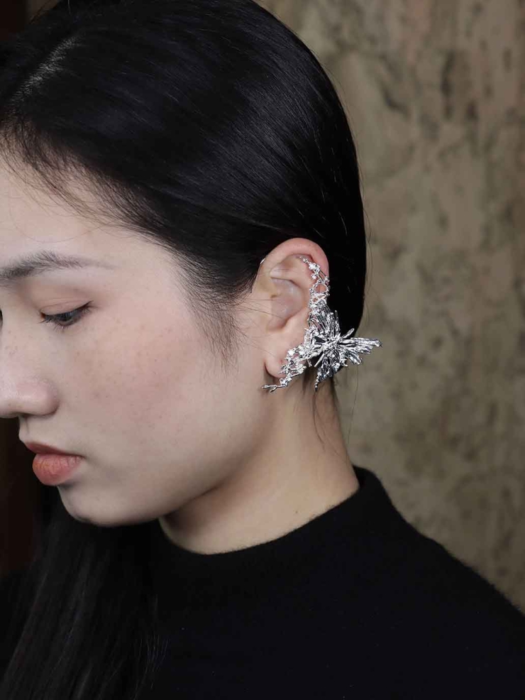 Silver Blossom Branch Butterfly Drop Earring-Single