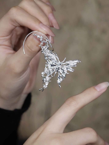 Silver Blossom Branch Butterfly Drop Earring-Single