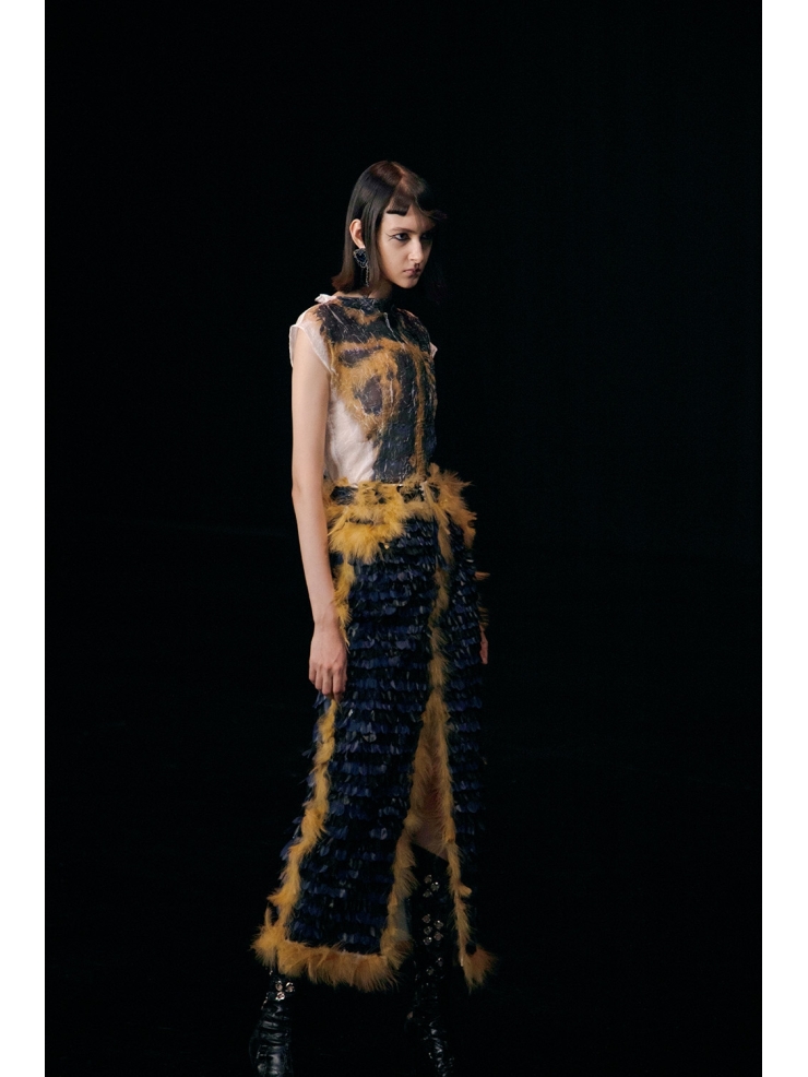 YUEQIQI Pieated Feather Print Top