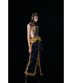 YUEQIQI Pieated Feather Print Top