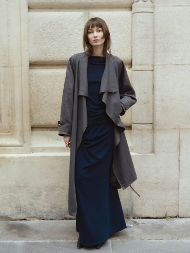 Grey Flowy Trench Coat with Wide Lapels