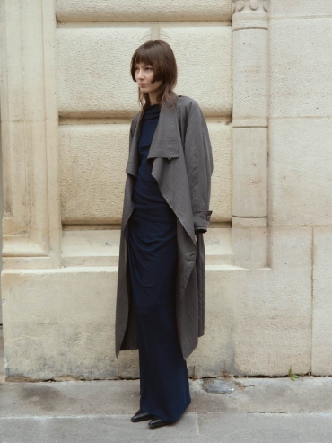 Grey Flowy Trench Coat with Wide Lapels