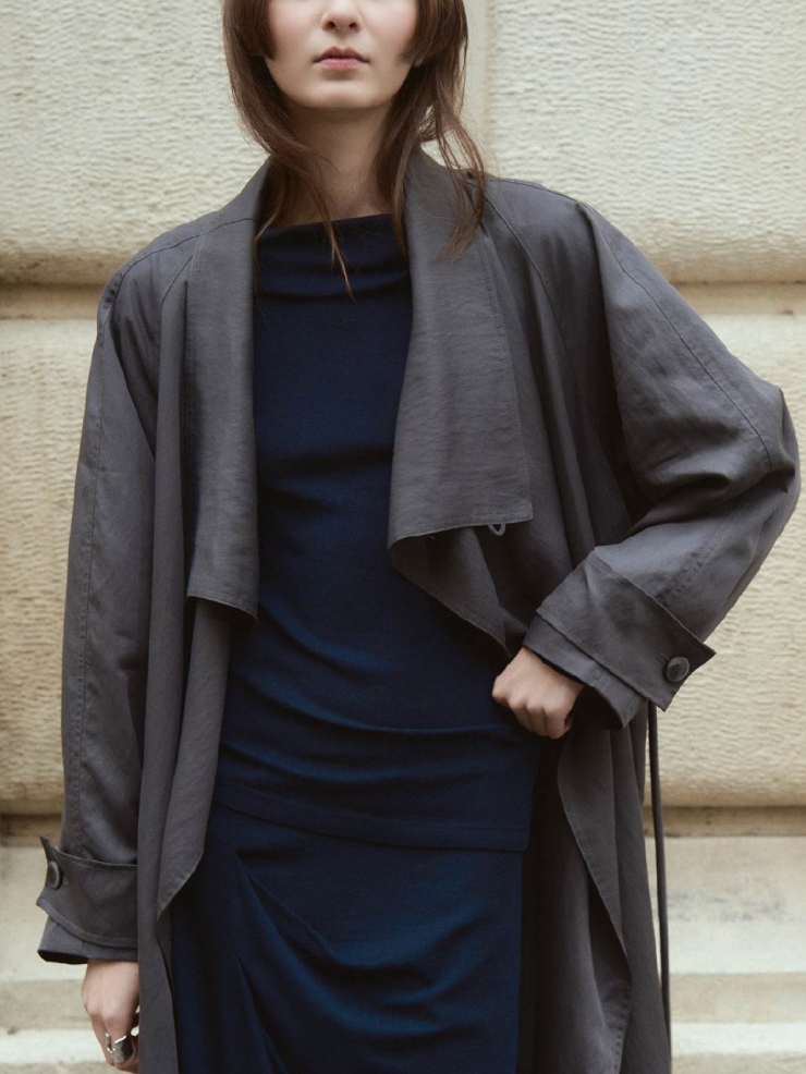 Grey Flowy Trench Coat with Wide Lapels