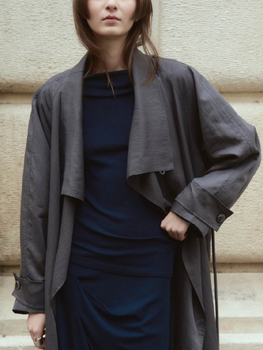 Grey Flowy Trench Coat with Wide Lapels