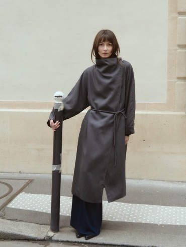 Grey Flowy Trench Coat with Wide Lapels