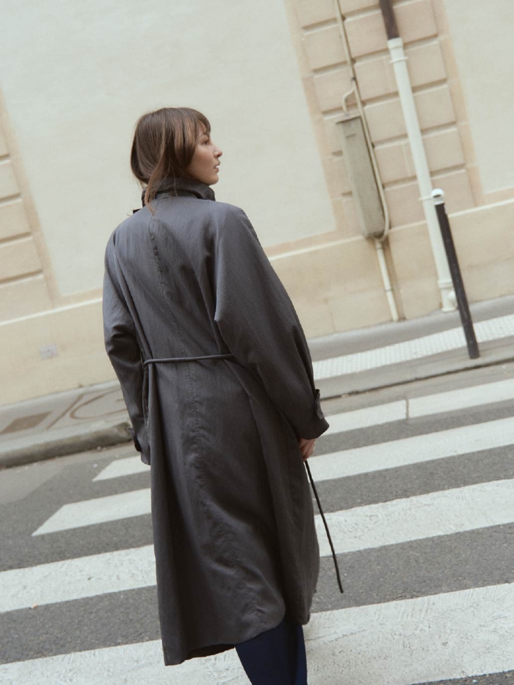 Grey Flowy Trench Coat with Wide Lapels