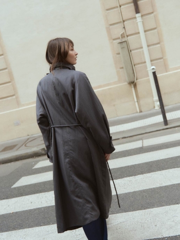 Grey Flowy Trench Coat with Wide Lapels