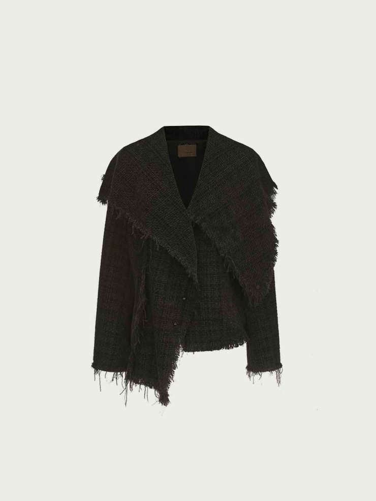 Black Fringed Patterned Knit Jacket