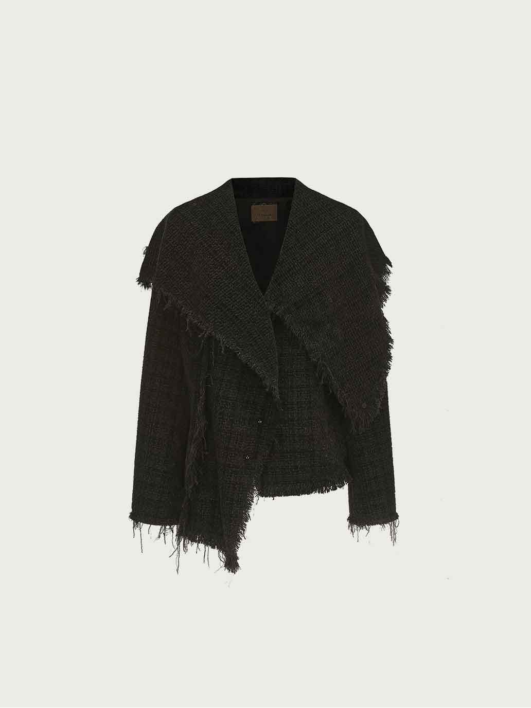 Black Fringed Patterned Knit Jacket