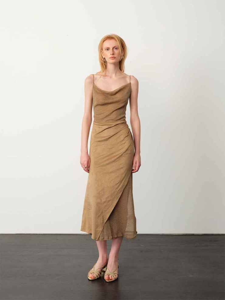 Brown Starry Tulle & Suede Cami Dress