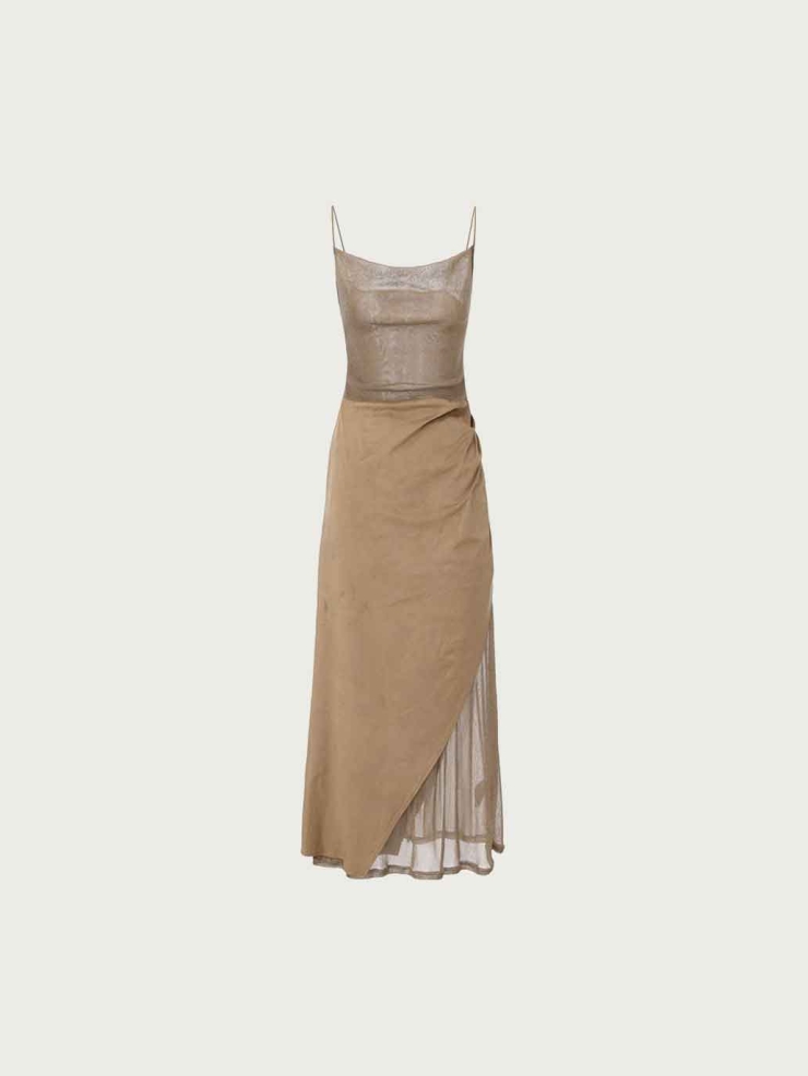Brown Starry Tulle & Suede Cami Dress