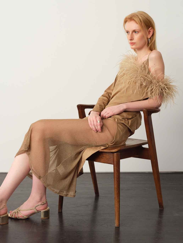 Brown Starry Tulle & Suede Cami Dress