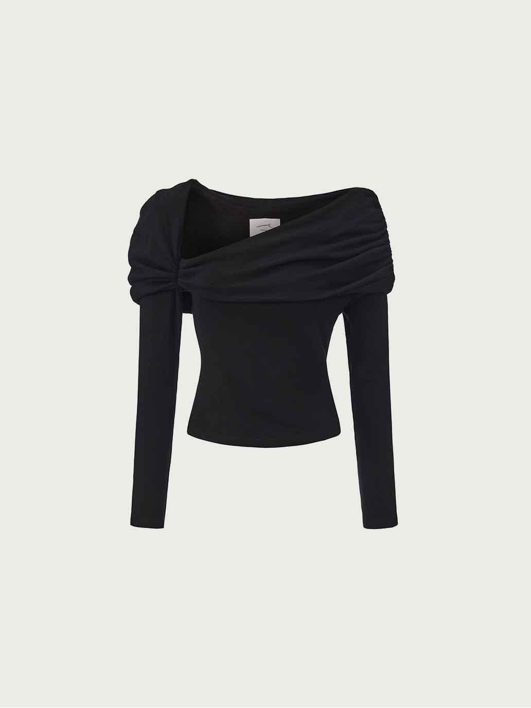 Black Wool Ruched Top