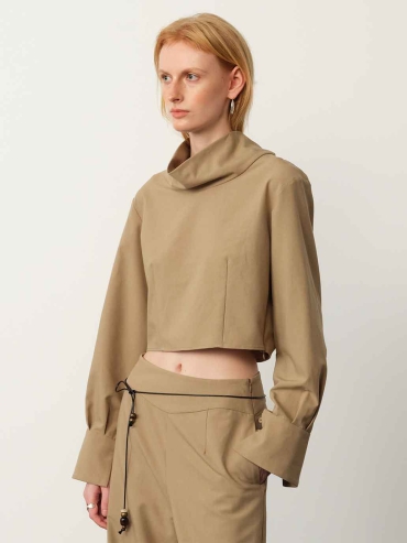 Khaki Wide-Neck Cinched Cuff Blouse