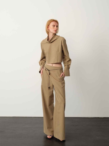 Khaki Wide-Neck Cinched Cuff Blouse