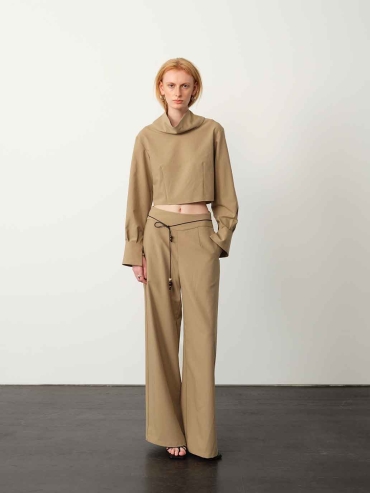 Khaki Wide-Neck Cinched Cuff Blouse