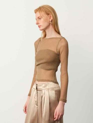 Brown Starry Sheer Mesh Fitted Top