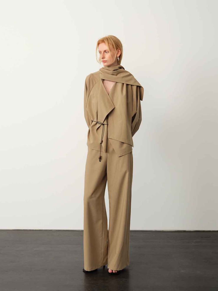 Khaki Scarf-Collar Tie-Cuff Blouse