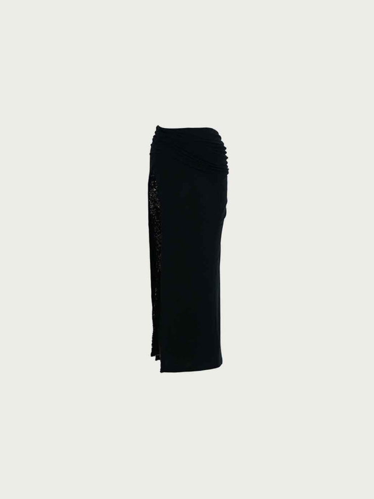 Black Fine Sequin Tencel Wool Gathered Skirt