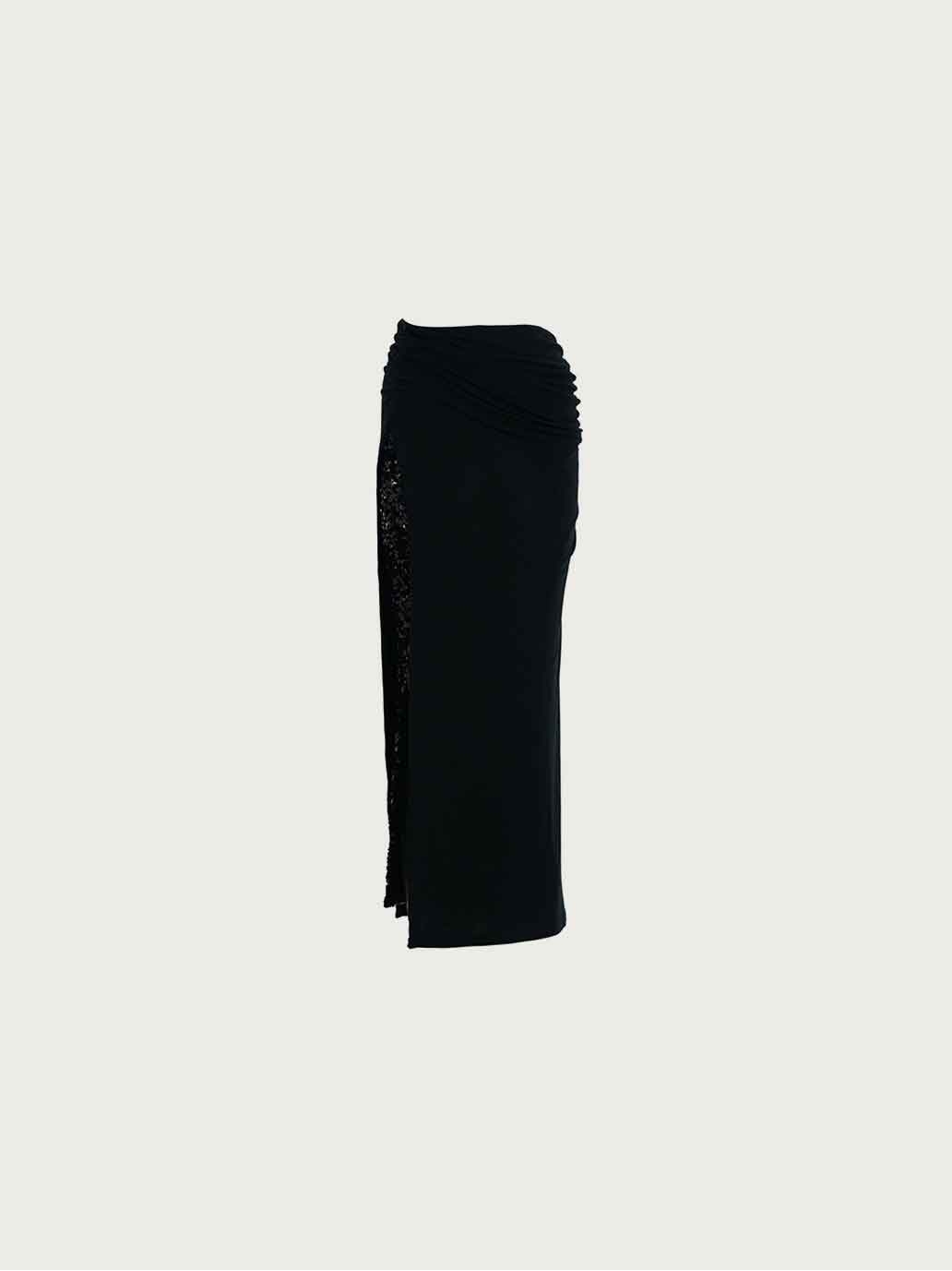 Black Fine Sequin Tencel Wool Gathered Skirt