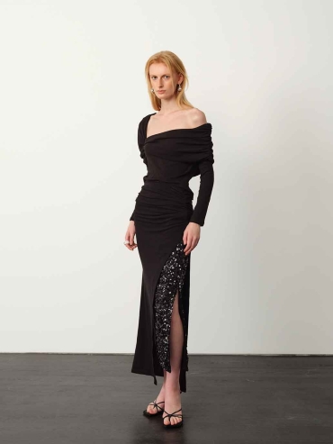 Black Fine Sequin Tencel Wool Gathered Skirt