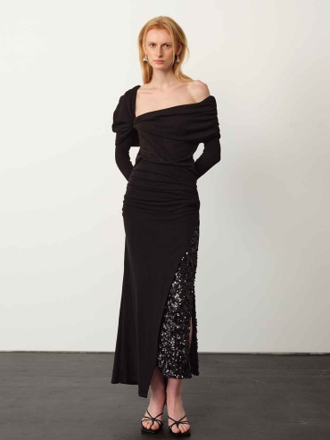 Black Fine Sequin Tencel Wool Gathered Skirt