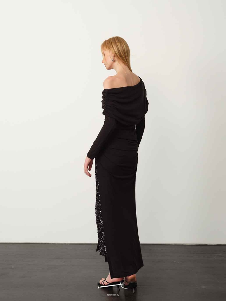 Black Fine Sequin Tencel Wool Gathered Skirt