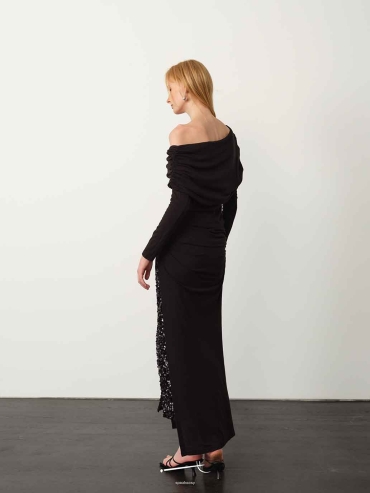 Black Fine Sequin Tencel Wool Gathered Skirt