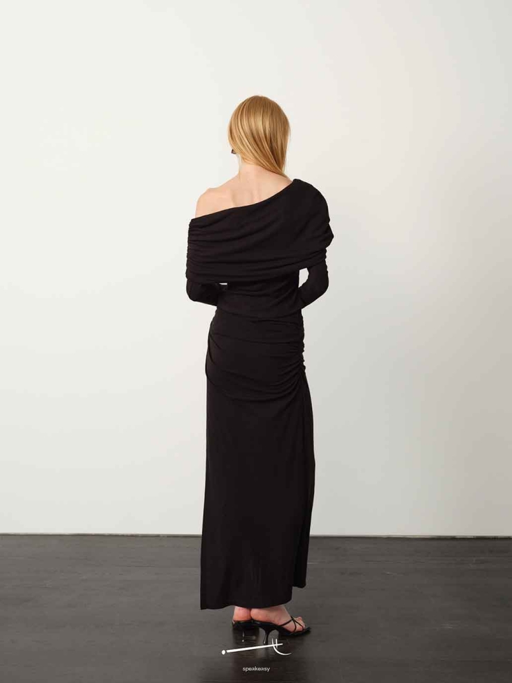 Black Fine Sequin Tencel Wool Gathered Skirt