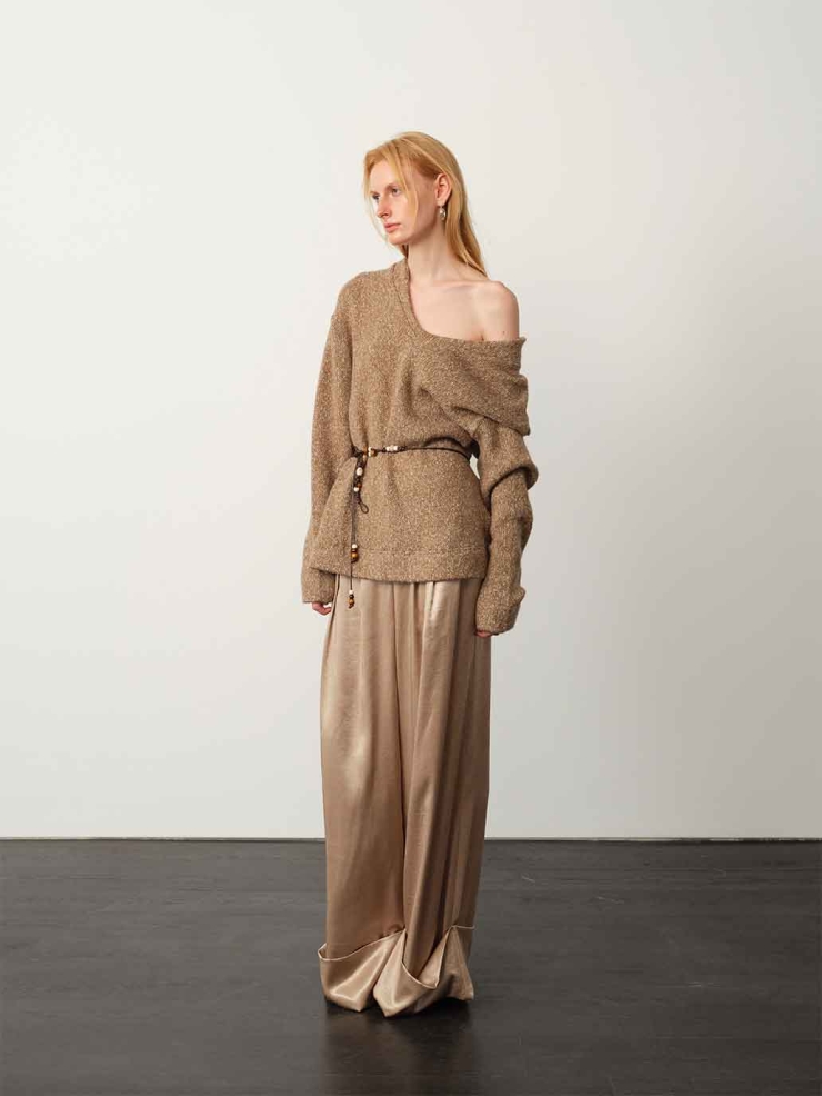 Champagne Acetate Metallic Hem Pants