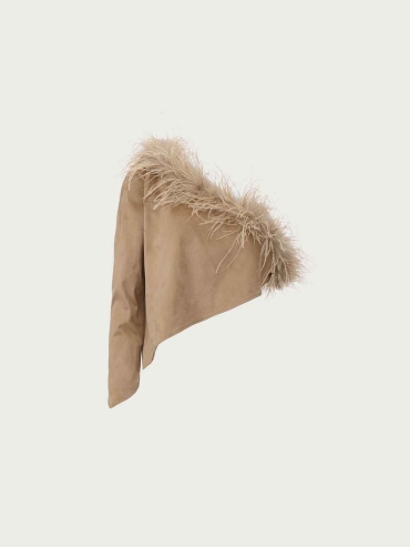 Brown Asymmetric Suede Cape with Ostrich Feather Trim