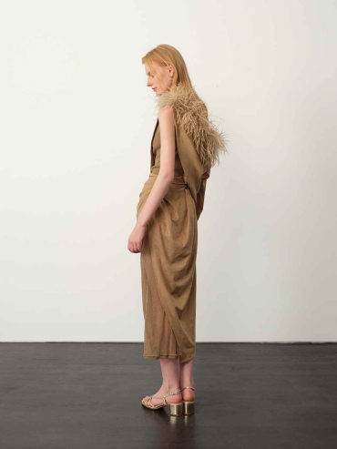 Brown Asymmetric Suede Cape with Ostrich Feather Trim
