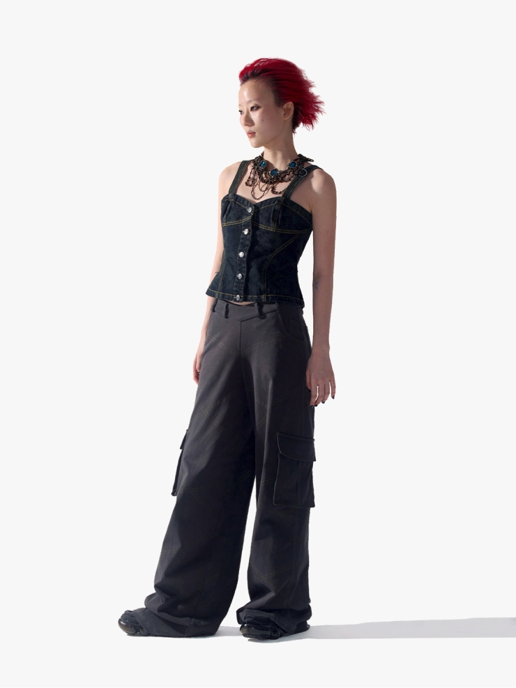 YUEQIQI Gray V-Waist Cargo Sweatpants