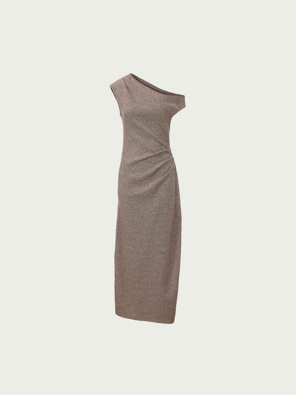 Brown One-Shoulder Knitted Maxi Dress