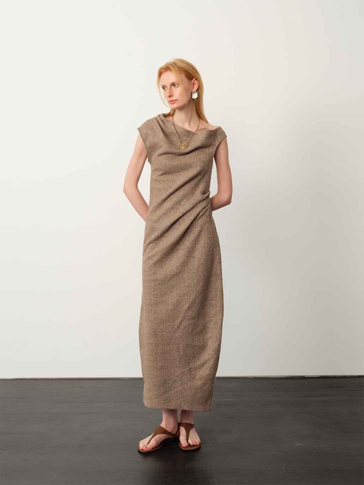 Brown One-Shoulder Knitted Maxi Dress