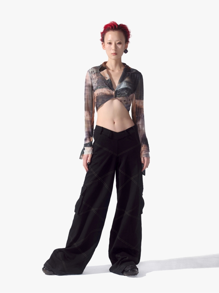 YUEQIQI Black V-Waist Cargo Sweatpants