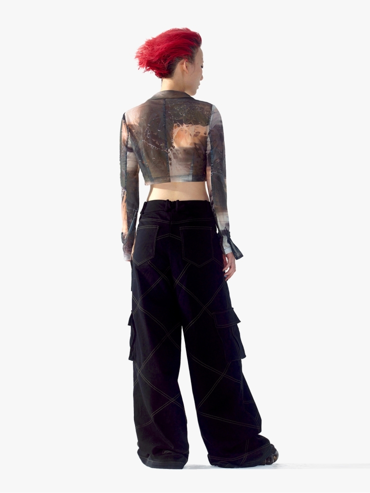 YUEQIQI Black V-Waist Cargo Sweatpants