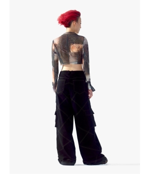 YUEQIQI Black V-Waist Cargo Sweatpants